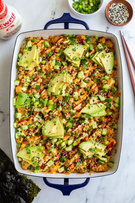 This Vegetarian Sushi Bake is my take on the VIRAL trend that has been ALL over Tiktok and Instagram for many months! Tofu Sushi Bake, Vegetarian Sushi Bake, Vegan Sushi Bake, Vegetarian Sushi Bowl, Sweet Potato Sushi Roll, Sushi Vegetarian, Vegetarian Sushi Recipes, Tofu Sushi, Tofu Breakfast