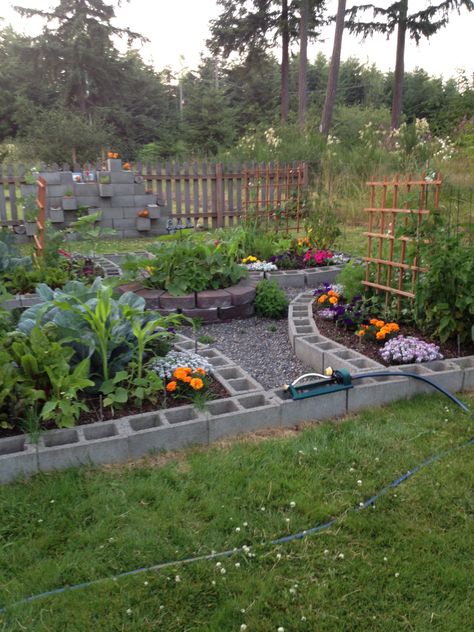 My amazing cinderblock square foot garden Cinder Block Garden Bed, Cinder Block Garden, Farmhouse Landscaping, Square Foot Gardening, Garden Design Ideas, Veg Garden, School Garden, Cinder Block, Garden Yard Ideas