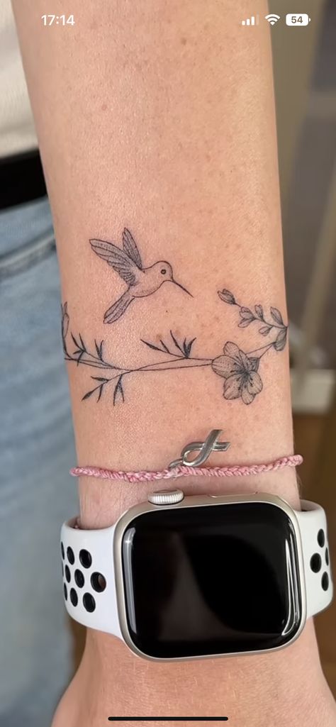 Ankle Tattoo Hummingbird, Humming Bird And Flower Wrist Tattoo, Hummingbird Tattoo Flowers, Hummingbird Tattoo With Vines, Hummingbird Wildflowers Tattoo, Hummingbird Wrap Around Tattoo, Infinity Hummingbird Tattoo, Hydrangea Tattoos For Women, Hummingbird And Vine Tattoo