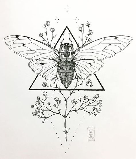 Miii~ miii~ miii~ #cicada #insect #babiesbreath #flowers #botanical #floral #ink #illustration #drawing #design #linework #geometrictattoo… Mandala Sternum Tattoo, Cicada Tattoo, Kunst Tattoos, Tattoo Flowers, Illustration Tattoo, Tattoo Zeichnungen, Couple Drawing, Marvel Tattoos, Men Tattoos