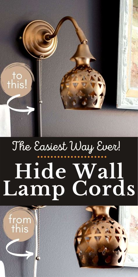 How to Hide a Wall Lamp Cord the Quick & Easy Way - Harbour Breeze Home Hanging Wall Lights Living Room, Modern Wall Scones Decor Ideas, Hide Hanging Light Cords, Ways To Hide Wires On Wall, Plug In Wall Lights Living Room, Cover Cords On Wall, Hiding Lamp Cords, Plug In Wall Sconces Bedroom, Creative Ways To Hide Cords