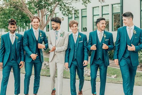 Bohemian Industrial Wedding with Teal Blue Touches | Friar Tux Teal Suit Wedding, Turquoise Groomsmen Attire, Teal Wedding Suit Groom, Teal Wedding Groomsmen, Wedding Suits Groom Turquoise, Turquoise Groom Suit, Dark Teal Wedding Suit, Turquoise Suit Mens Groomsmen, Groom Teal Suit