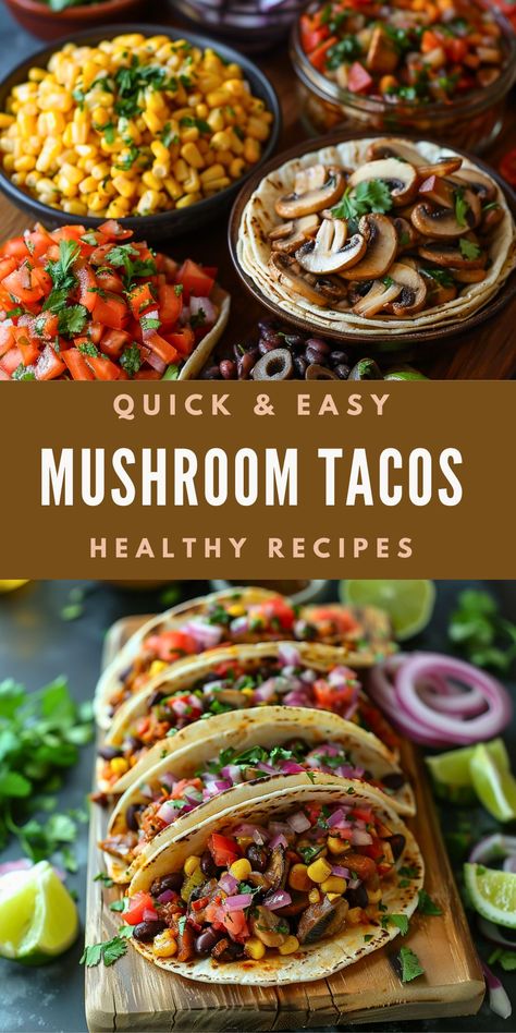 A vibrant image showcasing a delicious spread of vegetarian mushroom tacos. The top half displays bowls of fresh toppings: diced tomatoes, sweet corn, and sautéed mushrooms, all garnished with cilantro. Below, the bottom half features a wooden board with a row of assembled mushroom tacos, bursting with colorful ingredients like black beans, corn, tomatoes, red onions, and cilantro, all served in warm tortillas. The image emphasizes the freshness and healthy appeal of the dish. Vegetarian Tacos Recipes Black Beans, Plant Based Horderves, Mushroom Based Recipes, Vegan Mushroom Tacos Recipes, Meatless Tacos Recipes, Pb Tacos, Alkaline Raw Vegan Recipes, Best Vegetarian Meals, Mushroom Tacos Vegan