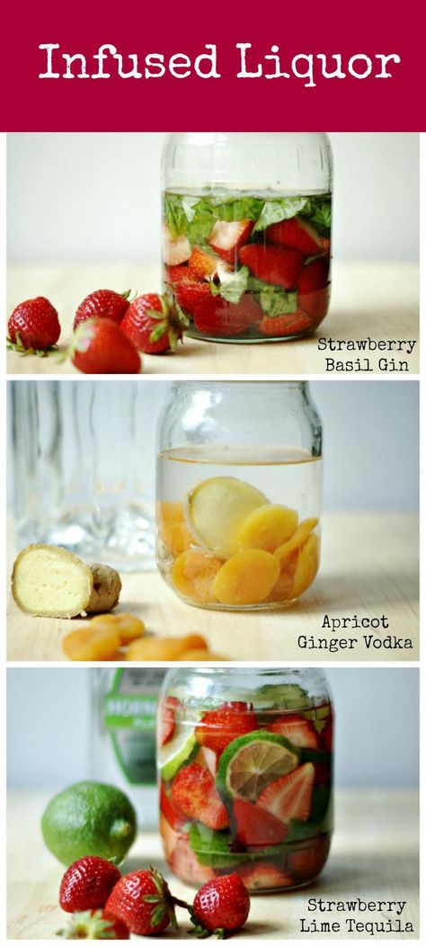 Make some interesting fruit infused liquors for your next party. Recipes include Strawberry Basil Gin, Strawberry Lime Tequila, Apricot Ginger Vodka. Delicious drinks! Strawberry Infused Tequila, Infused Tequila Recipes, Infused Alcohol Recipes, Vodka Infusions, Infused Alcohol, Strawberry Tequila, Infused Liquors, Alcohol Infusion, Recipes Strawberry