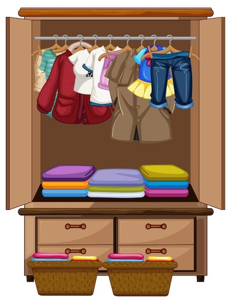 Many clothes in wardrobe | Free Vector #Freepik #freevector #clip-art #cartoon-svg #cartoon #art Clothes Clip Art, Wardrobe Illustration, Wardrobe Drawing, Cartoon Clothes, Reuse Clothes, Clothes Cartoon, Svg Art, Bird Logo Design, Clothes Clips