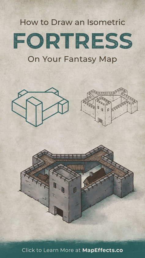 Steps to drawing an isometric castle fortress on your fantasy maps Fantasy Map Compass Drawing, Fantasy City Map Drawing, Fantasy Map Buildings, Making A Fantasy Map, How To Make A Fantasy Map, Drawing A Castle, Fantasy Map Ideas, Structures Drawing, Fantasy Map Art