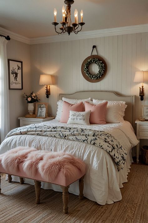 Country Pink Bedroom, Vintage Western Bedroom Ideas, White Farmhouse Bedroom Ideas, Country Girl Bedroom Ideas, Pink Farmhouse Bedroom, Girls Farmhouse Bedroom, Bedroom With Shiplap, Farmhouse Girls Bedroom, White Farmhouse Bedroom