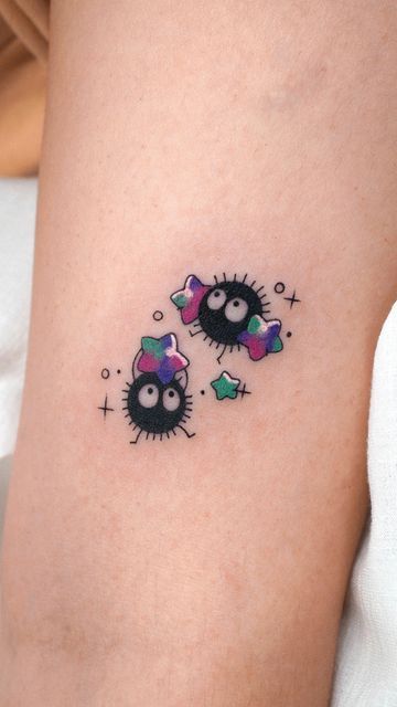 Eden on Instagram Ponyo Tattoo Design, Soot Sprite Matching Tattoo, Studio Ghibli Tattoo Ponyo, Studio Ghibli Tattoo Ideas Ponyo, Tattoo Ideas Ponyo, Tiny Ponyo Tattoos, Soot Sprite Tattoo, Ponyo Tattoo, Space Sleeve