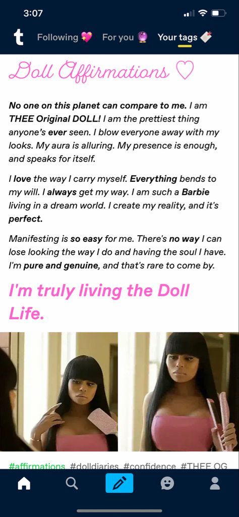 Doll Beauty Affirmations, Doll Affirmations, Barbie Affirmations, Princess Affirmations, Dolly Quotes, Pretty Qoutes, Tell Me Something Good, Pink Lifestyle, Vision Board Manifestation