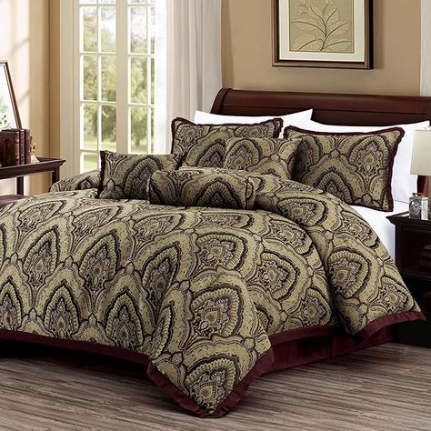 Amazon.com: Chezmoi Collection Rio 7-Piece King Jacquard Comforter Set - Blue Gold Floral Geometric Damask Woven Bedding Set : Home & Kitchen Sophisticated Bedroom Decor, Breakfast Pillow, Modern Bed Set, Jacquard Bedding, Velvet Comforter, Blue Comforter Sets, Velvet Bedding Sets, Sophisticated Bedroom, Bed Comforter Sets