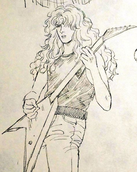 Fun Art Sketches, Metal Head Drawing, Dave Mustaine Drawing, Metallica Sketch, Rock Poses Drawing, Eddie Munson Sketch, Singers Drawing, Rock Character Design, Rockstar Drawing