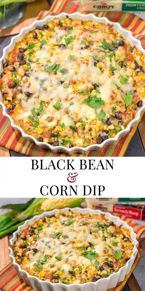 Featuring fresh corn combined with melty cheeses, this Black Bean and Corn Dip is a great party appetizer! Serve with tortilla chips, crackers or sliced veggies. Spicy Black Bean Dip, Hot Black Bean And Corn Dip, Corn And Black Bean Dip, Black Bean And Corn Dip, Bean And Corn Dip, Black Bean Dip Recipe, Corn Dip Recipes, Black Bean And Corn, Black Bean Dip