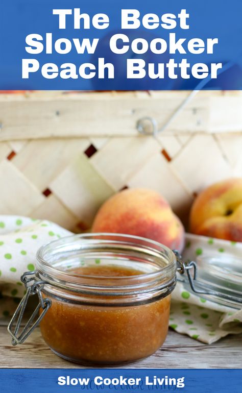 This easy peach butter recipe is made in the slow cooker. My Crock pot peach butter is simple and delicious! Peaches In Crockpot, Crockpot Peach Butter, Peach Butter Recipe, Delicious Crockpot Recipes, Peach Butter, Peach Preserves, Peach Puree, Slow Cooker Desserts, Crockpot Breakfast