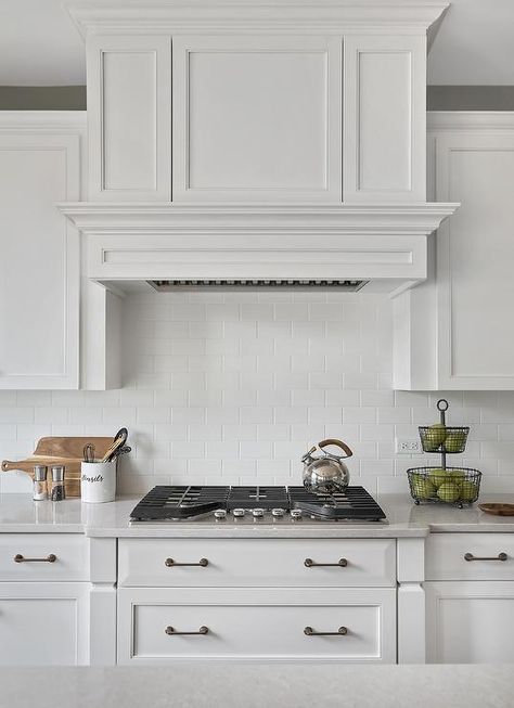 Stove With Cabinets Below, Feature Rangehood Kitchen, Transitional Range Hood Cover, Kitchen Hood Flush With Cabinet, Cabinet Over Range, White Hood Range Cover, White Kitchen Range Hood, Built In Stove Hood, Canopy Rangehood Kitchen