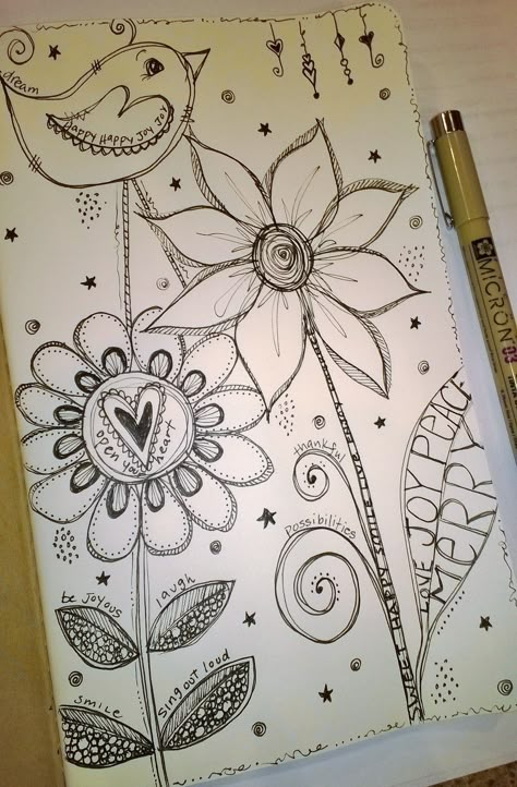 Doodling - flowers, bird, words, micron pen 3                                                                                                                                                                                 More Imaginative Art, Tangle Doodle, Doodle Inspiration, Pola Sulam, Doodles Zentangles, Journal Art, Doodle Designs, Doodle Sketch, Flower Doodles