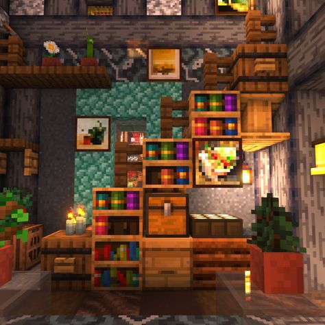 Curtains In Minecraft, Fireplace Design Minecraft, Minecraft Nook Ideas, Loom Room Minecraft, Cartography Room Minecraft, Minecraft Library Enchanting Room, Minecraft Wizard Interior, Minecraft Christmas Interior, Storage Area Minecraft