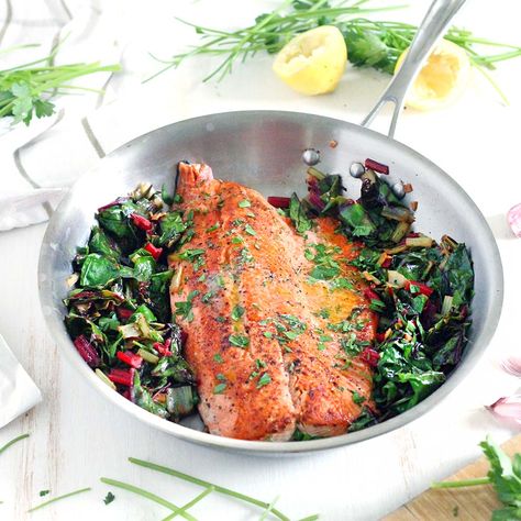 One Pan Garlic Butter Salmon and Swiss Chard- This healthy, gluten-free, low-carb recipe comes together in only 20 minutes! Can easily be made paleo or whole30 compliant by using ghee instead of butter. Garden Vegetable Recipes, Swiss Chard Recipes, Skillet Dinner Recipes, Garlic Butter Salmon, Chard Recipes, Cycle Syncing, Butter Salmon, Garden Vegetable, Low Carb Diet Recipes