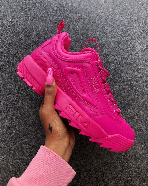 The fuchsia is bright… 📸 @charnice_ 🔎Fila Pink Disruptor II Premium Trainers (1402352) Jordan Swag, Mens Fitness Motivation, Cc Shoes, Fruit Wallpaper, Chic Shoes, Pink Shoes, Custom Sneakers, Shoe Obsession, Beautiful Shoes