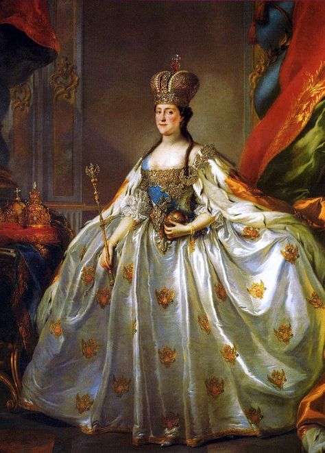 CATHERINE THE GREAT - in her coronation gown and regalia.  The enormous gown is made of silver silk embroidered with golden eagles & there is ermine trim at the hem. Coronation Gown, Coronation Robes, Coronation Dress, Catherine Ii, House Of Romanov, 18th Century Costume, Peter The Great, Court Dresses, Catherine The Great