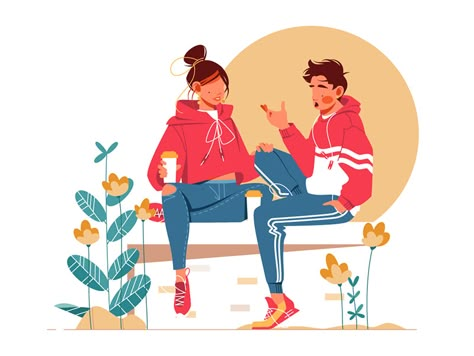 Sweet couple talking sitting on bench by Kit8 on Dribbble Talking Ideas, Couple Talking, Bench Drawing, Sitting On Bench, Vector Characters, Web Illustration, People Illustrations, Black And White Comics, Flat Art