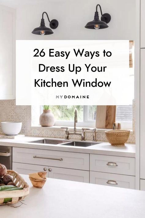 Kitchen Window Cabinet Shelves, Kitchen Window Over Sink Ideas Modern, Above Window Kitchen Decor, Kitchen Sink Window Sill Decor, Kitchen Sink In Window, Kitchen Window Molding Over Sink, Tile Wrapped Window Kitchen, Dress Kitchen Window, Kitchen Sink With Window Ideas