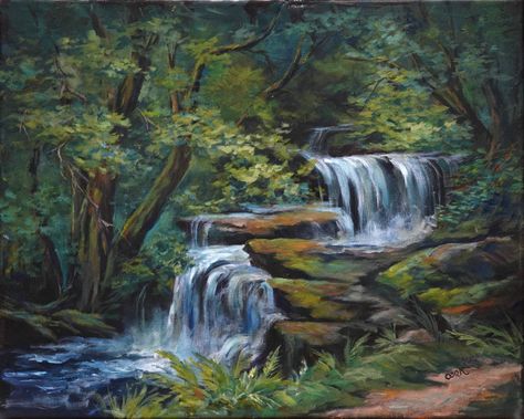 Deep Forest Waterfall 16x20 Master Class Acrylic tutorial for July/Aug. https://www.gingercooklive.gallery/ww-deep-forest-waterfalls/ Ginger Cook Paint A Waterfall, Waterfall Forest Painting, Painting Of Waterfall, Oil Painting Waterfall, Painting Of A Waterfall, Jungle Waterfall Painting, Forest Falls, Forest Waterfall, Reflection Painting