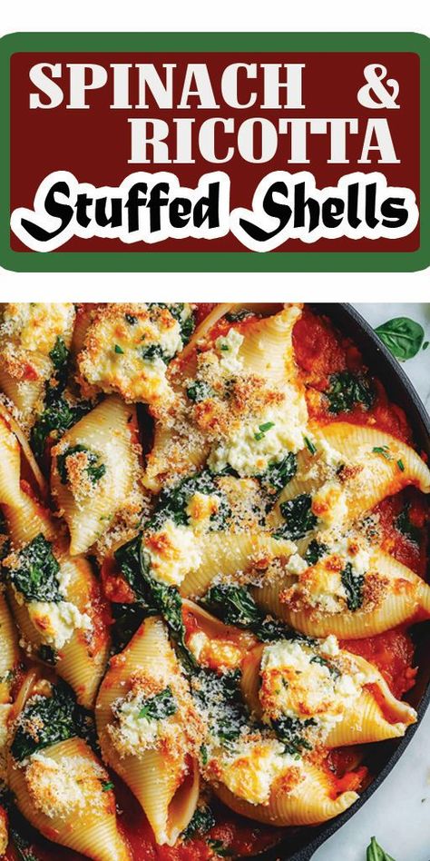 Spinach & Ricotta Stuffed Shells Ingredients: 12 jumbo pasta shells 1 ½ cups ricotta cheese ¼ teaspoon nutmeg (optional) 1 cup mozzarella cheese, shredded (plus extra for topping) ½ cup parmesan cheese, grated 1 large egg 1 cup fresh spinach, chopped (or ½ cup frozen spinach, thawed and drained) 2 cloves garlic, minced 2 cups marinara sauce 1 tablespoon olive oil Salt and pepper, to taste Fresh basil or parsley, for garnish #spinach #easyrecipes #camilarecipes Spinach Ricotta Stuffed Shells, Food With A Twist, Ricotta Stuffed Shells, Spinach Stuffed Shells, Stuffed Shells Ricotta, Jumbo Pasta Shells, Healthy Dinner Options, Spinach Ricotta, Pasta Shells