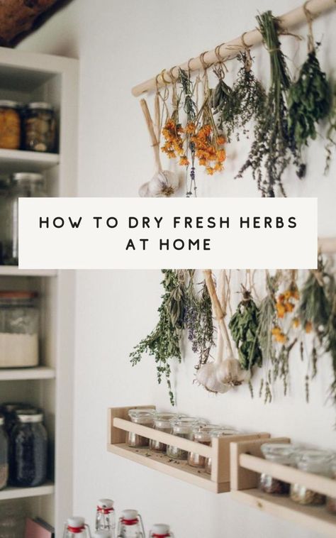 How To Hang Herbs To Dry, Indoor Apothecary Garden, Indoor Herb Garden Diy Kitchens, Hobbit Feast, Herbs Drying, Drying Fresh Herbs, Sustainable Tips, Design For Small Spaces, Witchcraft Diy