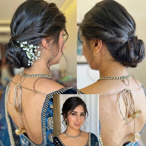 Bridal Hairstyle Indian Receptions, Messy Bun South Indian Wedding, Messy Bun On Lehenga, Desi Updo Hairstyles, Messy Bun Hairstyles With Lehnga, Engagement Bun Hairstyles, Messy Bun Party Hairstyle, Indian Mother Hairstyles For Wedding, Messy Bun For Wedding Indian