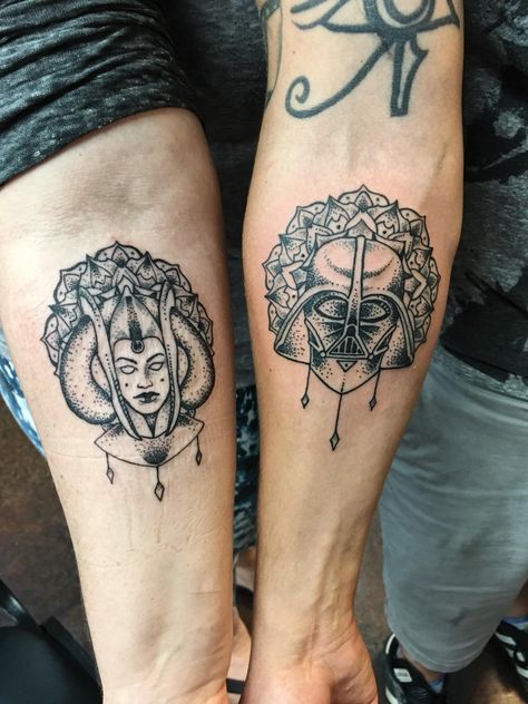 My wife and I got Our first Star Wars tattoos. Queen Amidala and Darth Vader mandalas Done by Jason Symons at Delicious Ink in Rockford Illinois. Star Wars Mandala Tattoo, Padme Amidala Tattoo Ideas, I Love You I Know Tattoo Star Wars Couple Tat, Star Wars Tattoo Couple, Starwars Couple Tattoos, Star Wars Couples Tattoos, Queen Amidala Tattoo, Star Wars Tattoos Women, Girly Star Wars Tattoo