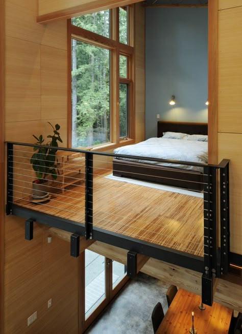 I love this modern loft bedroom. I love all the wood, the beautiful windows and the modern railing that allows you to look down into the rest of the house. A beautiful retreat.....V Loft Bedrooms, Cozy Loft, Decor Ikea, Property Design, Loft Living, Loft Design, Design Del Prodotto, Bedroom Loft, Dream Bedroom