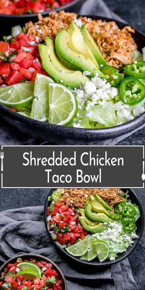 This Easy Chicken Taco Bowl is an easy lunch or dinner recipe made with shredded chicken, homemade taco seasoning, and fresh pico de gallo. Meal Prep everything you need for this keto taco salad bowl at the beginning of the week to save and keep the family fed! Shredded Chicken Taco Bowl, Chicken Taco Bowls Healthy, Meal Prep Taco Bowls, Sandwich In A Bowl, Chicken Taco Bowl Recipe, Mexican Chicken Bowl, Taco Meal Prep, Recipes Bowls, Chicken Taco Bowl