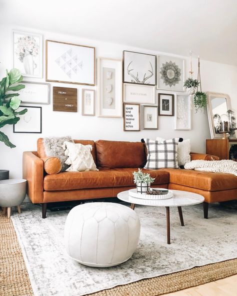 Gallery Wall and Poly & Bark Cognac Tan Leather Sectional Cognac Leather Couch Living Rooms Boho, Tan Leather Couch With Chaise, Brown Leather Sectional Living Room Boho, Article Leather Sectional, Caramel Sectional Sofa, Tan Lounge, Sofa Cognac, Tan Living Room, Couches Living