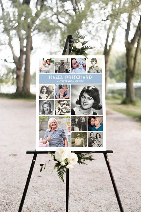 Memorial photoboard with 14 photographs set into squares, and a block of feature colour. Memorial Photo Display, Photo Collage Board, Colour Collage, Photo Display Board, Board Layout, Collage Board, Memory Board, Picture Boards, Photo Board