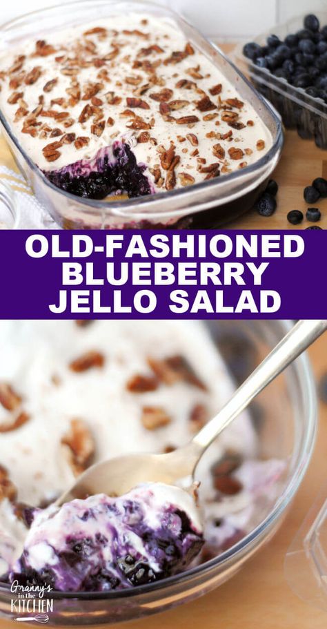 Blueberry Jello Salad Recipe - Granny's in the Kitchen Blueberry Jello, Blueberry Jello Salad, Dessert Salad Recipes, Jello Mold Recipes, Blueberry Desserts Recipes, Easy Fruit Salad Recipes, Jello Dessert Recipes, Blueberry Salad, Layered Dessert