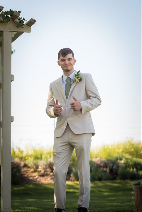 Khaki Suit Green Tie, Khaki Suit With Sage Green, Tan Suite Sage Tie, Cream Suit Green Tie, Tan Suit Green Shirt, Beige Suit With Sage Green Tie, Tan Suit Prom, Tan Suit With Sage Green Tie, Tan Suit Green Tie Wedding