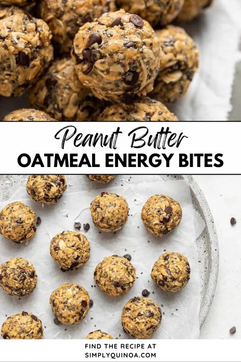 Try these No-Bake Peanut Butter Oatmeal Energy Bites. These peanut butter no-bake energy bites are an amazing on-the-go-snack that the whole family will love. They are packed with protein and healthy fats from chia, flax, coconut, and oats. And a little sweet with honey. Make some today! Peanut Butter Protein Bites, No Bake Oatmeal Peanutbutter Protein Balls, Peanut Butter Banana Energy Bites, Peanut Butter Chocolate Chip Energy Bites, No Bake Peanut Butter Energy Balls Rolled Oats, Peanut Butter Chocolate Chip Energy Ball, Creative Breakfast Recipes, Peanut Butter Oatmeal Balls, Oatmeal Energy Bites