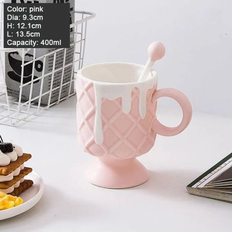 For product link check out our 'Mugs' in the Story Highlights. Happy shopping! 🎉 Ceramic Cute Ice Cream Cone Coffee Mug with Stirring Stick (400 ML) Elevate your beverage game with this eye-catching ceramic mug! 🥤✨ Perfect for coffee, milk, tea, and more, its unique ice cream cone shape and adorable design are sure to bring a smile to your face. 🌟 High Value Design: This mug isn't just for drinking—it's a statement piece! With fine ceramic craftsmanship and charming details, it's the perfec... Ceramic Ice Cream Cone, Spoon Ceramic, Ice Cream Coffee, Ice Cream Pink, Cream Mugs, Ice Cream Design, Cream Ice Cream, Whimsical Accessories, Cream Design