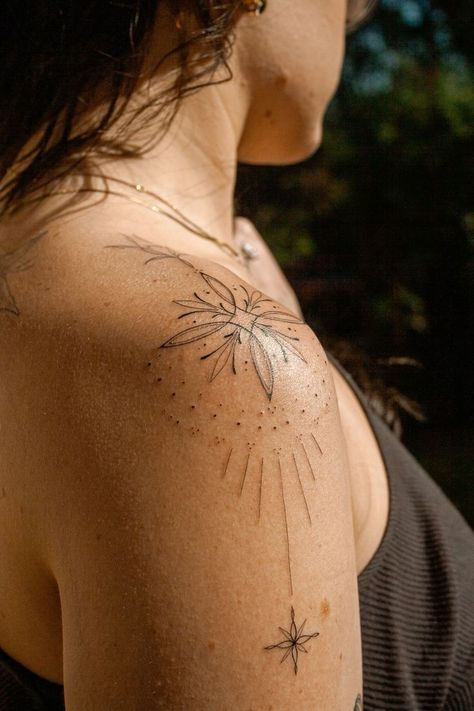 Shoulder Tattoos For Women Ornament, Fire Shoulder Tattoo, Ornamental Shoulder Cap Tattoo, Greek Inspired Tattoos For Women, The Rising Woman Tattoo, Fineline Collarbone Tattoo, Shoulder Line Tattoos For Women, Shoulder Tattoo Ornamental, Dainty Arm Band Tattoo