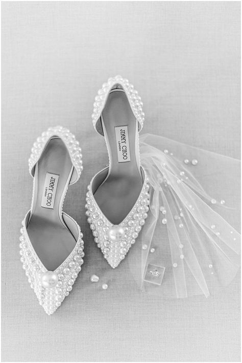 These pearl covered Jimmy Choos are just a taste of the inspiration from this gorgeous pearl inspired shoot! Check out the blog for tons of formal wedding inspiration! Jimmy Choo Pearl Heels Outfit, Jimmy Choo Pearl Wedding Shoes, Pearl Jimmy Choo Heels, Wedding Shoes Bride Pearl, Wedding Heels With Pearls, Pearl Bride Shoes, Wedding Shoes Low Heel Pearl, Pearl Wedding Heels Bride Shoes, Modern Wedding Heels