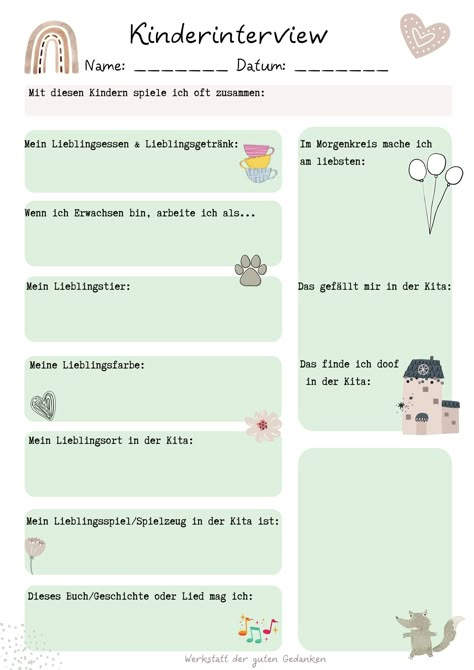 Die Idee kam uns neulich: ein Kinderinterview in verschiedenen Zeitabständen durchzuführen- eine schöne Erinnerung an die Kindheit und und Entwicklung... Portfolio Kindergarten, Kindergarten Portfolio, German Language Learning, Portfolio Inspiration, Bible Art Journaling, German Language, Kindergarten Teachers, Kindergarten Activities, Classroom Management