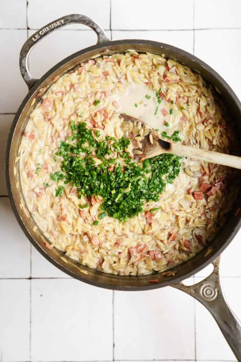 Orzo Carbonara | FoodByMaria Recipes Orzo Bacon Recipes, Orzo Carbonara, Easy Carbonara Recipe, Bacon Carbonara, Bacon Dinner, Creamy Orzo, Vegan Substitutes, Burnt Toast, Orzo Recipes