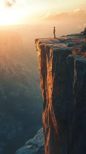 ↑↑↑ Larger size on website 🔸 A lone figure stands on the edge of a sheer cliff, gazing out at a vast, rugged landscape. The setti Falling Off A Cliff, Mountain Cliff, Rugged Landscape, Cliff Edge, The Setting Sun, Long Shadow, Golden Light, Setting Sun, Man Standing