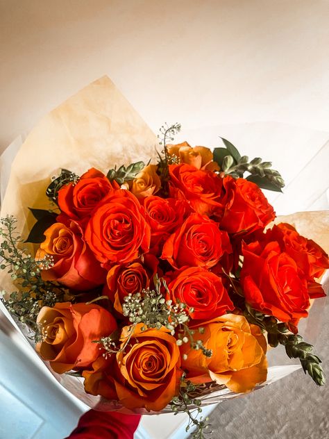 Marigold And Rose Bouquet, Orange And Red Roses Bouquet, Red And Orange Flower Bouquet, Orange Bouquet Prom, Orange Bouquet Flowers, Orange Flowers Bouquet, Orange Roses Bouquet, Grad Flowers, Orange Flower Bouquet