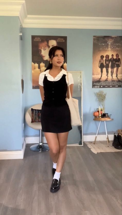 90s Black Skirt Outfit, Same Base Different Outfits, 2000s Teacher Outfits, Curvy Outfits Classy, Outfits With Hair Bows, Fire Style Root Outfits, Soft Goth Summer Outfits, Outfits With A Black Dress, How To Style A Black Dress Casual