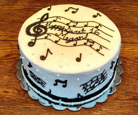 Sweet 16 cake for a talented music lover!! All buttercream with edible pearls and real ribbon along the base! This is a 10in round, 2 layer cake! https://www.facebook.com/angelas.cakes2011 Music Cake Ideas, 28th Birthday Cake, Cake Music, Birthday Cake Pinterest, Music Themed Cakes, Music Cakes, Sweet 16 Cake, Music Cake, Dark Chocolate Candy