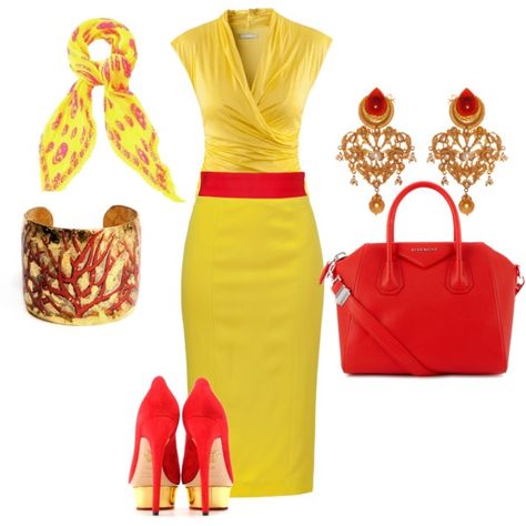 "Pretty in Yellow & Red" by sherri-2locos on Polyvore Bright Yellow Outfit Ideas, Red And Yellow Outfits For Women, Yellow And Red Outfit, Red And Yellow Outfit, Yellow Outfit, Red Outfit, Yellow Fashion, Complete Outfits, Mellow Yellow