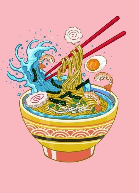 Hand Drawn Style of Delicious Ramen Noodle Japanese Vintage Wave Painting Delicious Ramen, Japanese Ramen Noodles, 귀여운 음식 그림, Vintage Waves, Japanese Ramen, Ramen Noodle, Wave Painting, Painting Painting, Japanese Vintage