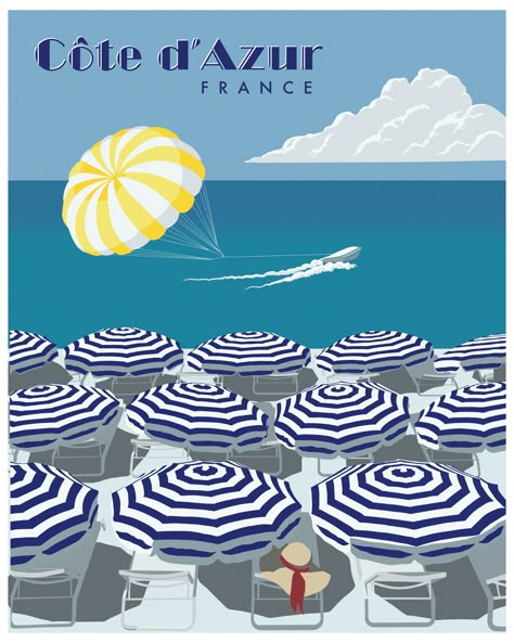 Vintage style travel poster inspired by the beaches of the French Riviera is full of summer vibes. Cote D’azur Poster, Nice France Poster, France Travel Poster, Nice French Riviera, French Riviera Illustration, French Poster Design, Vintage Beach Illustration, Cannes Illustration, French Posters Vintage