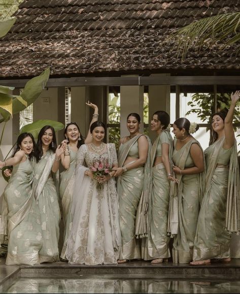 Groom's Sister Dress, Indian Christian Wedding Bridesmaids, Kerala Bridesmaid Saree, Indian Wedding Christian, Indian Bridal Party Outfits, Kerala Christian Wedding Family Photos, Wedding Dresses For Bridesmaids Indian, Christian Kerala Wedding, Family Photo Outfits Indian